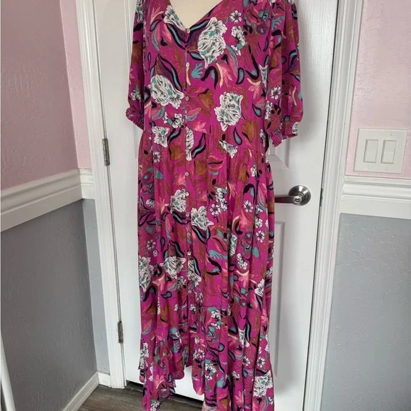 Nurture‎ Westbound Floral Midi Dress Boho Chic Pink Tiered V Neck Size XL rayon - Picture 3 of 14
